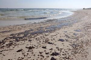 oil spill washed ashore on beach