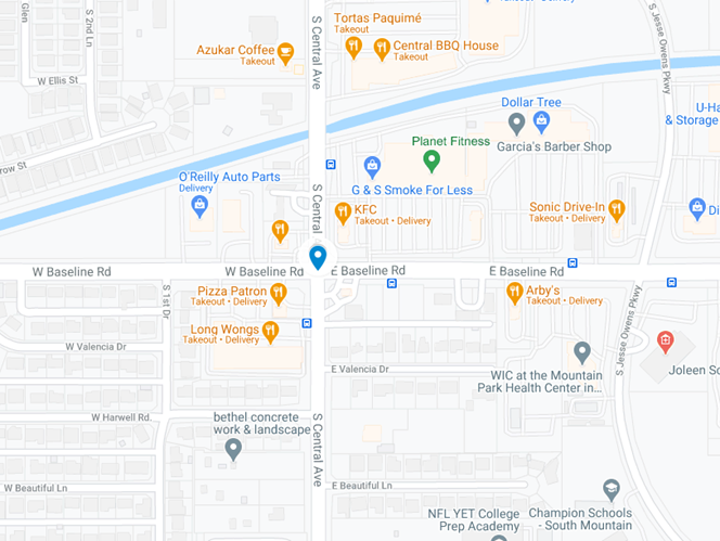 Map showing intersection at S Central Ave and Baseline Rd