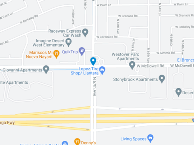 image of google map of mcdowell road and 67th street